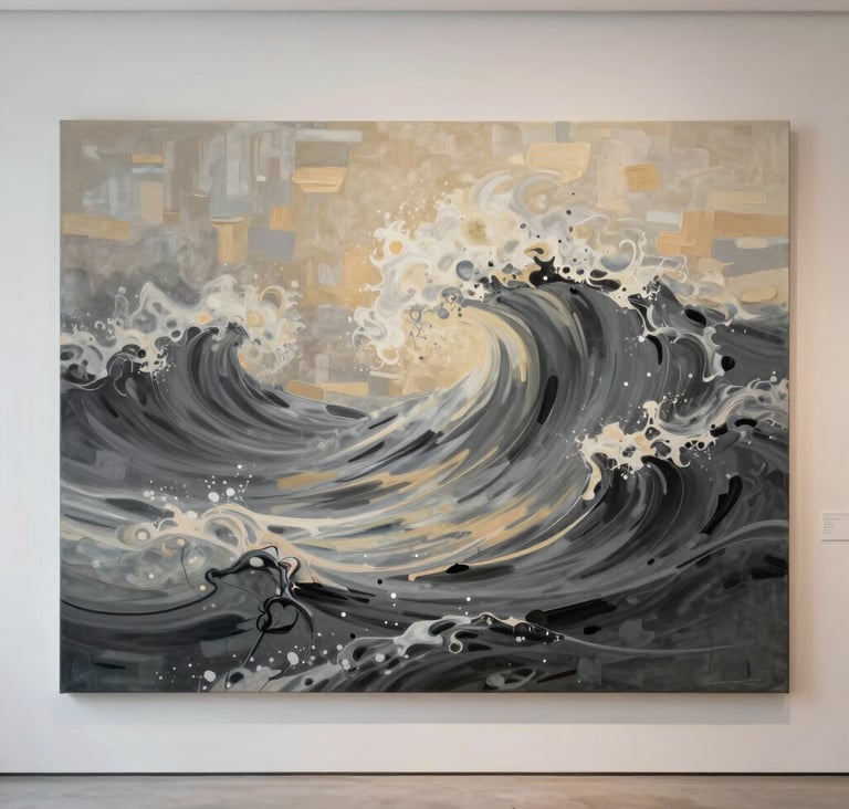 A large canvas painting showcasing vibrant, abstract waves in motion. The style is serene yet powerful, utilizing deep stone grey and warm beige strokes to capture the energy of water. Photography of the final artwork in a bright gallery space.