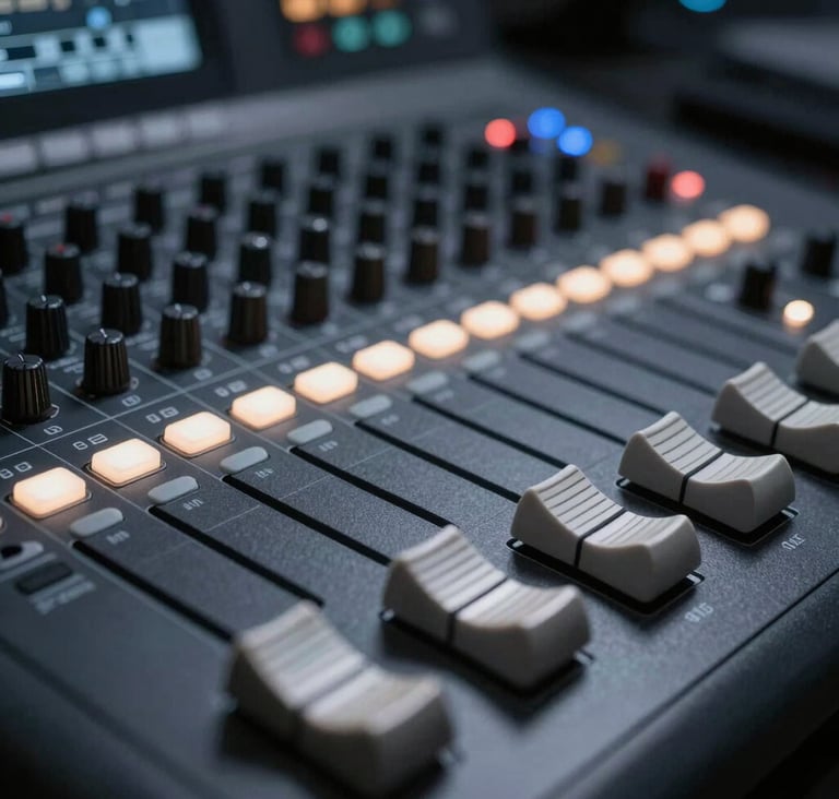Close-up high-contrast photography of a professional video editing console in a dark studio. The buttons glow with a soft Steel Mist light, and the texture of the Charcoal Slate hardware is sharp and detailed.