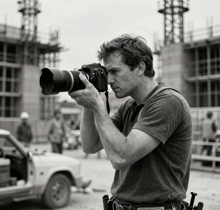 A grainy, black and white cinematic shot of a photographer on a construction site. High energy, raw action, capturing a real moment. Elements of rust (#C1674E) appearing in the lighting.