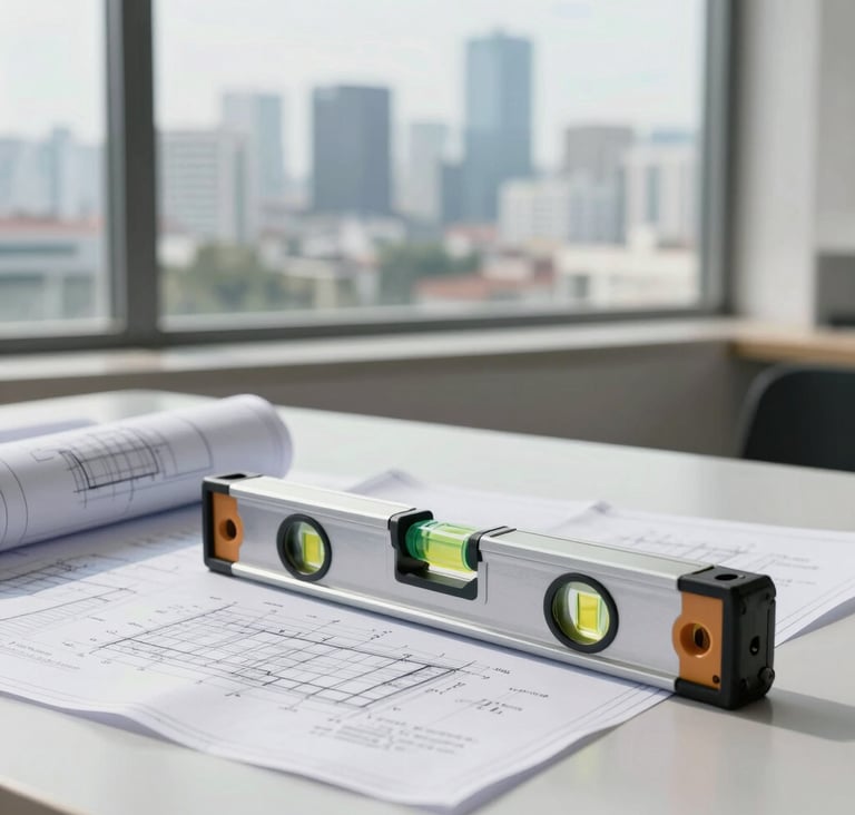 Architectural photography of technical civil engineering blueprints and a modern surveyor's level tool on a light grey desk. In the background, a large window reveals a soft-focus urban skyline of Surabaya, Indonesia, under bright, clean daylight. The style is professional and minimalist.