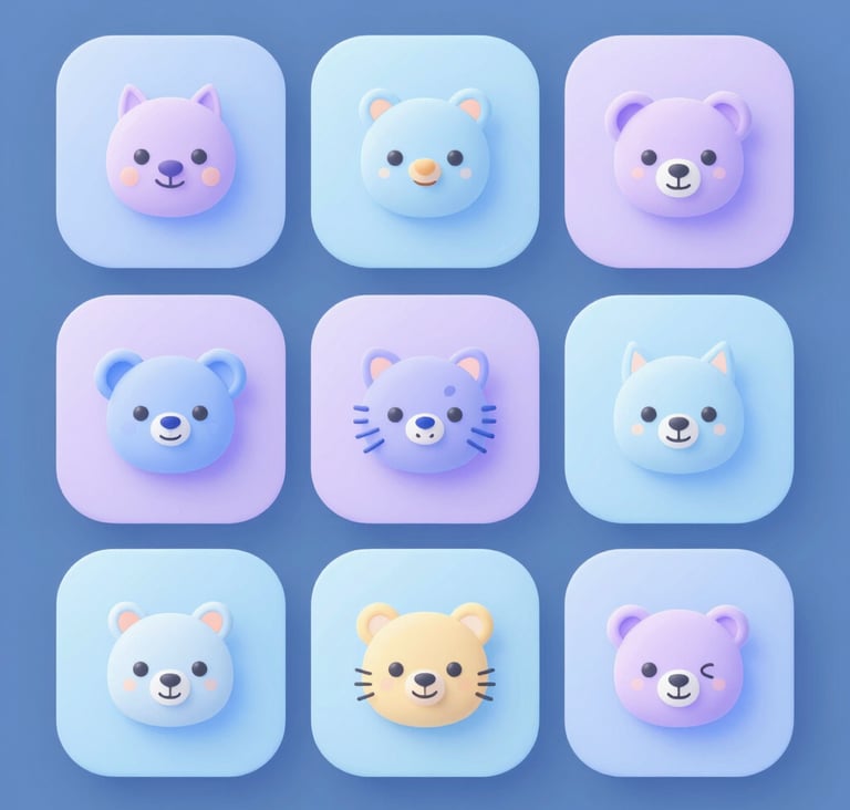 A set of rounded interface designs for a children's tablet app. The UI features soft pastel bubbles in sky blue and lavender, with friendly illustrated icons of animals. Luminous and modern aesthetic.