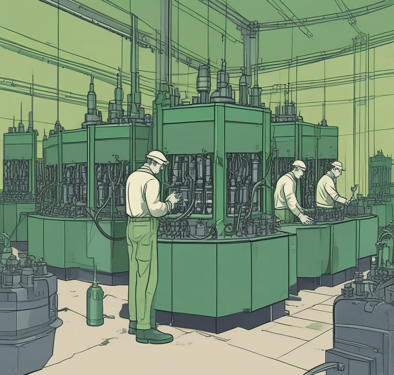 A sleek industrial transformer unit illuminated with steel-green lighting against a dark, textured background.