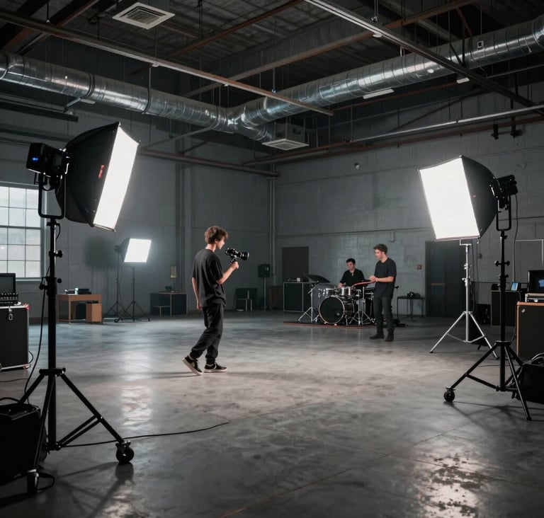 A wide-angle cinematic shot of a modern music video production set in a North American urban industrial space. Professional lighting rigs, deep gray textures, and a high-end atmospheric music industry vibe.