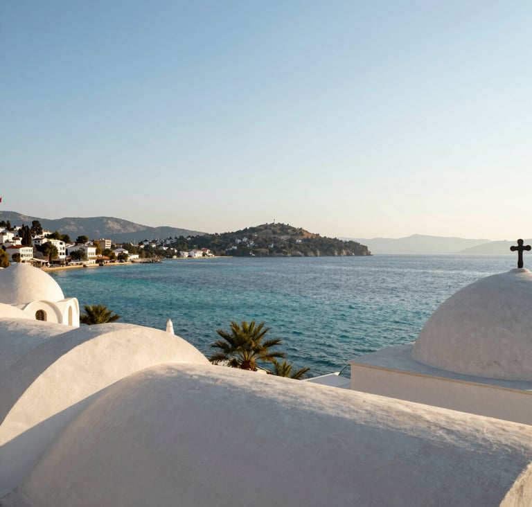 Panoramic view of the Bodrum coastline at golden hour, Middle Eastern / Turkish architectural elements, turquoise sea, bright clear sky, clean composition, professional landscape photography with soft grey and off-white tones.