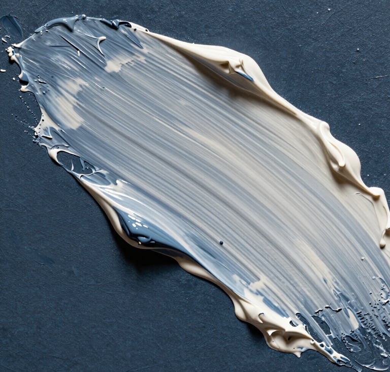 Macro photography of thick, textured oil paint on a canvas, focused on a palette knife stroke that blends dark slate blue and off-white colors, dramatic side lighting highlighting the ridges and valleys of the material.