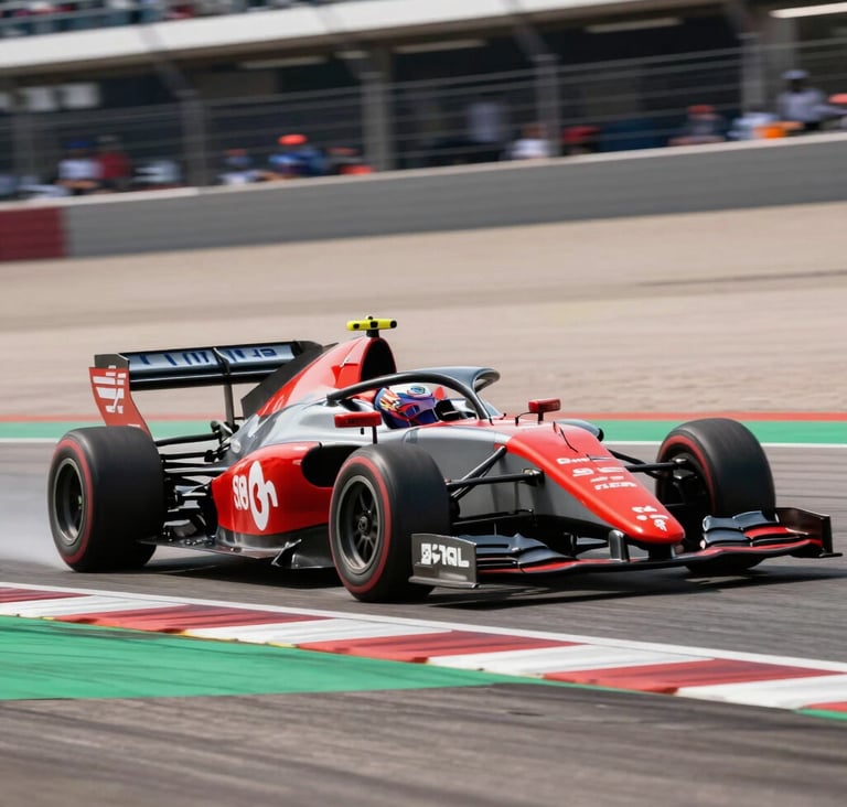 A high-speed action shot of a Formula car racing through a sharp corner at a US track, motion blur in the background, wheels generating heat, with distinct racing red and silver gray bodywork, professional motorsport photography.