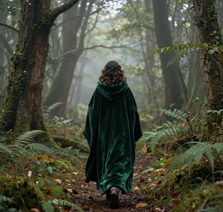 A wide-angle professional photograph of a person in a billowing forest green velvet cloak walking through a misty, enchanted woodland, whimsical atmosphere, Western / Global.