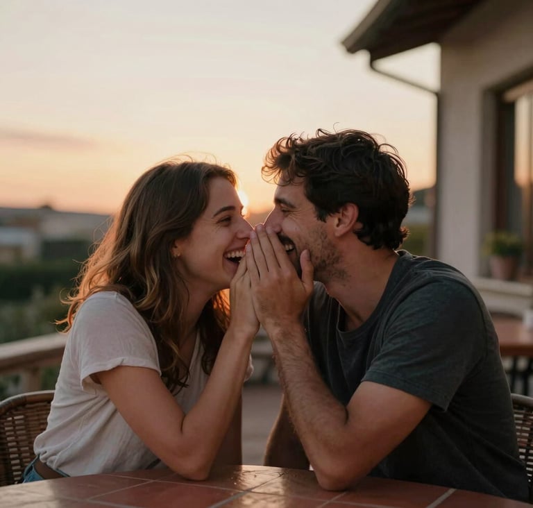 A candid shot of a couple whispering and laughing at an outdoor terracotta-paved patio during sunset. The lighting is warm and cinematic, with soft bokeh in the background highlighting their authentic connection.
