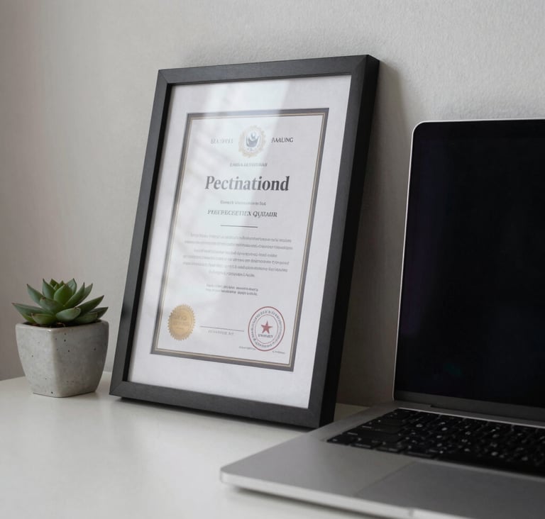 Close-up photography of a neatly organized study space in a modern North American home, featuring an academic certificate in a simple frame next to a laptop and a small succulent, soft morning light, sophisticated and calm atmosphere.