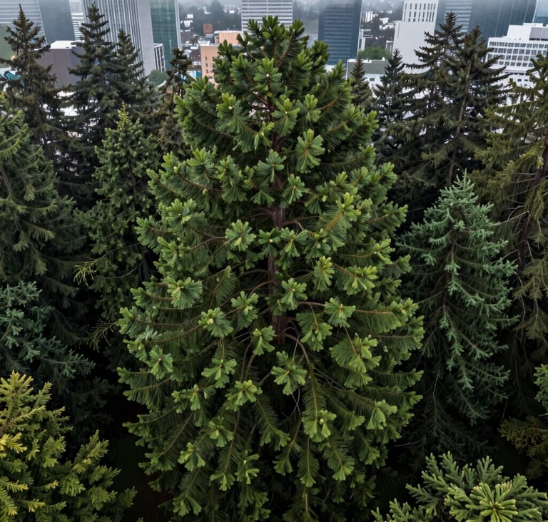A majestic top-down drone shot focusing on the dense, textured canopy of an urban sequoia in Eugene, Oregon. The dark forest green needles contrast with the surrounding misty seafoam gray city atmosphere.