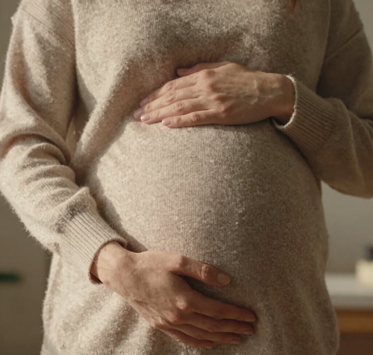 Close-up photography of a woman's hands gently cradling her pregnant belly. She is wearing a soft sand-colored knit sweater. The setting is a warm, sunlit European / French interior with soft shadows and a cinematic, emotional feel.
