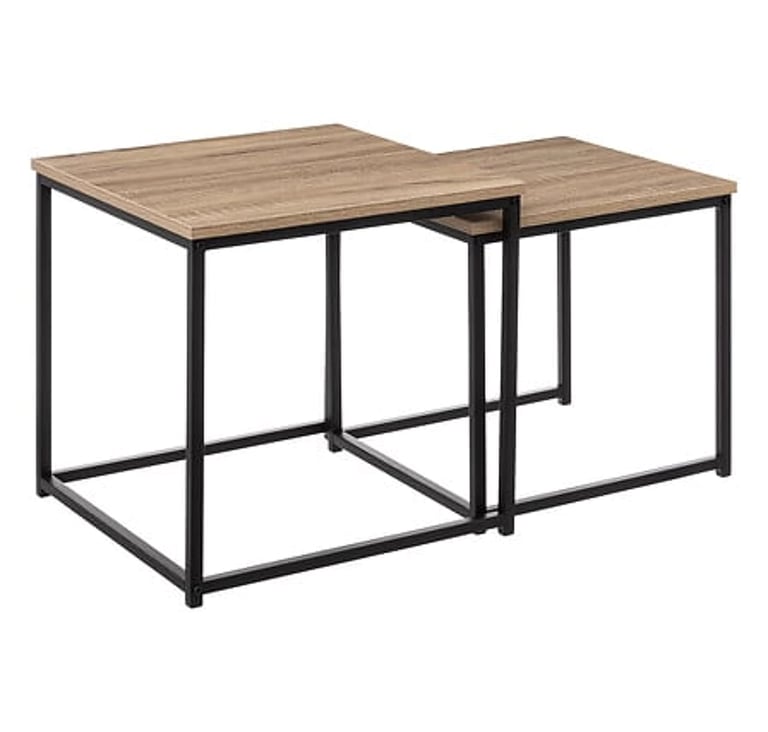 Rustic nesting side tables with oak wood finish tops and industrial black metal frames.