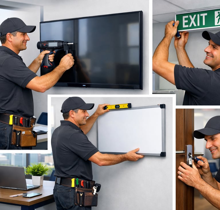 Man installing safteey sign, white board, TV in an office.