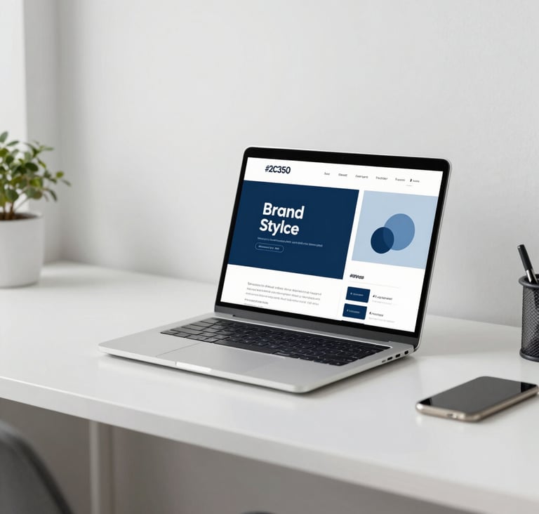 A wide-angle, clean lifestyle shot of a modern design studio workspace. A sleek laptop displays a brand style guide with the palette #2C3E50 and #8D9FB5. The environment is uncluttered with white surfaces and soft, natural daylight, embodying sophisticated professionalism.