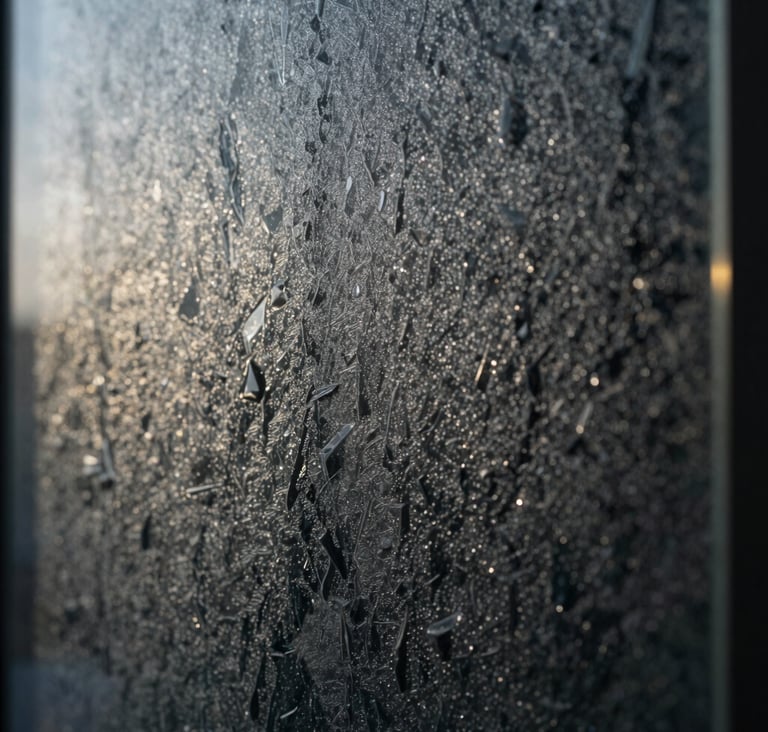 Extreme close-up of textured industrial glass with a midnight slate tint, soft morning light creating arctic mist highlights.