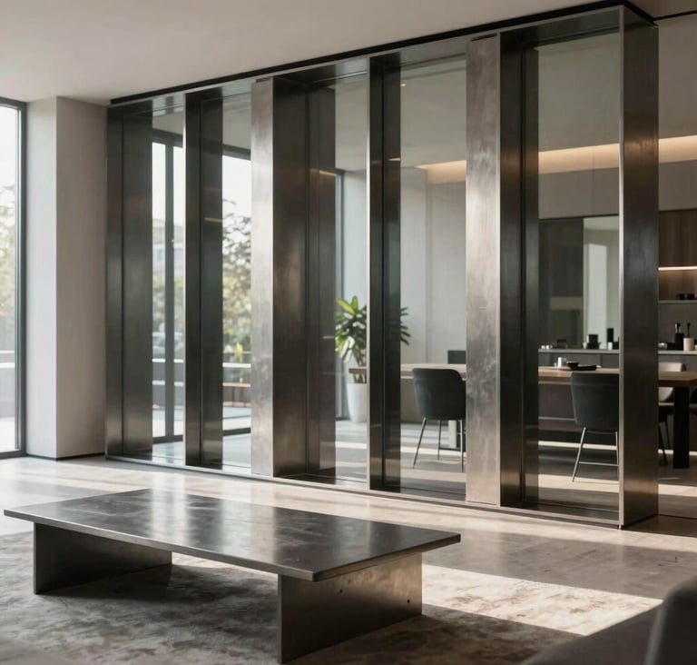 A luxury modern interior featuring a custom steel and glass partition designed by Rawline. In the foreground, a bespoke minimalist coffee table with a steel grey frame complements the industrial elegance of the space. Soft morning light.