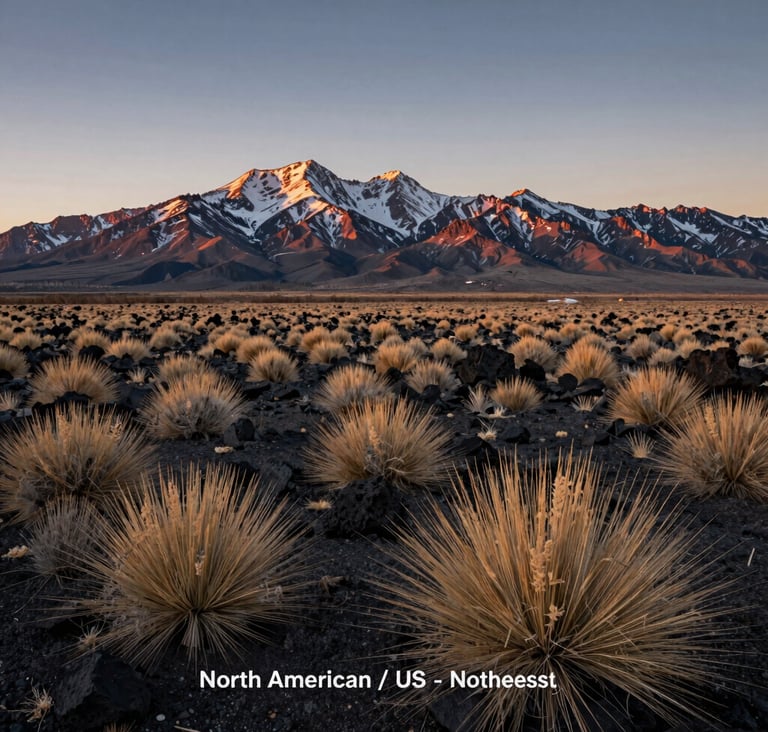A wide-angle panoramic shot of a vast rural property in Northeast Nevada at sunset. The Ruby Mountains are visible in the background, topped with a light dusting of snow. The foreground is filled with textured bunchgrass and dark charcoal-colored volcanic rock. The mood is one of profound tranquility and strategic potential. North American / US - Northeast Nevada.