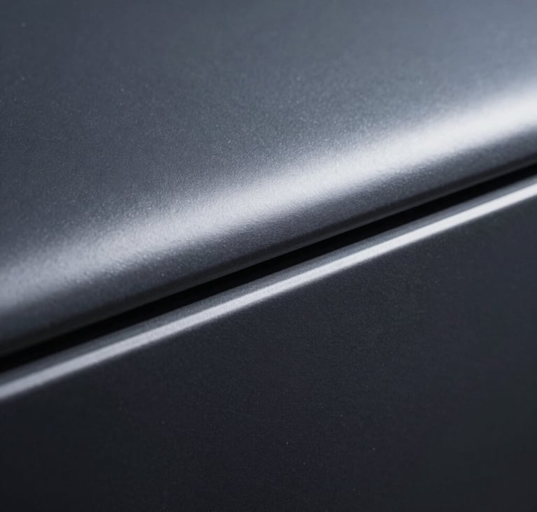 A close-up photograph of a sleek, dark metallic texture with soft light skimming the surface, suggesting premium technology and industrial design, sophisticated slate gray and navy palette.