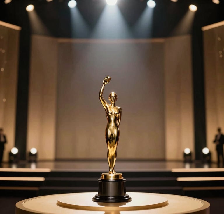 A wide-angle, cinematic shot of a prestigious film award ceremony stage. A golden trophy sits on a pedestal in the foreground, illuminated by warm spotlights. The aesthetic is professional and elegant, incorporating a palette of #1A1C20 and #D4C1A5.