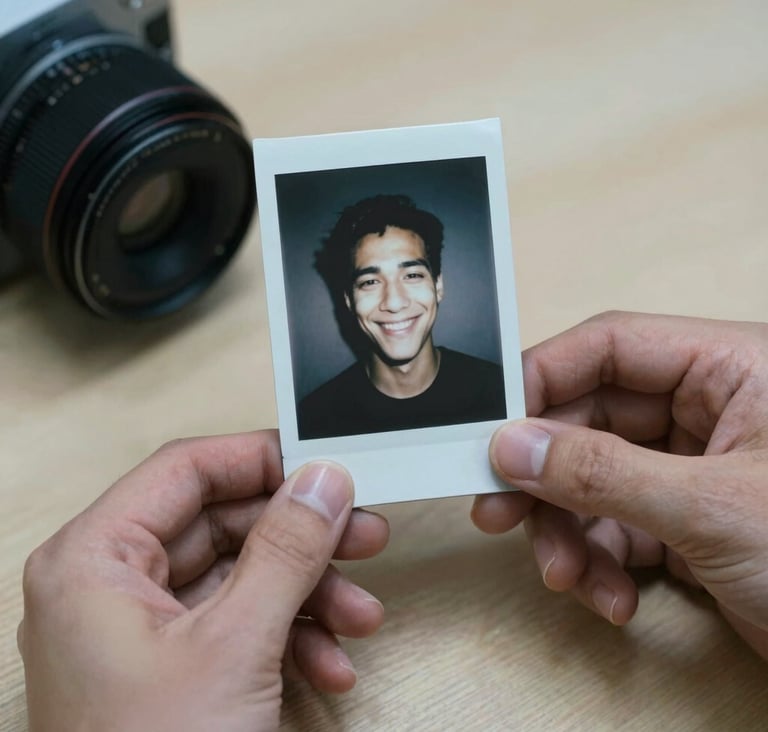 A close-up shot of a pair of hands holding an old polaroid photo of a smiling face. The background is a soft beige wooden surface. The lighting is slightly moody with muted slate blue shadows.