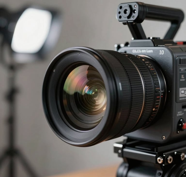 A detailed close-up of a professional cinema camera lens reflecting studio lights in a Latin American / Hispanic production house, sophisticated atmosphere with muted slate grey accents.