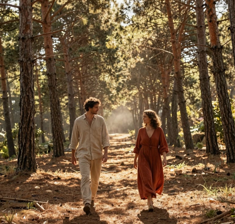 A wide-angle, cinematic shot of a couple walking through a sunlit pine forest in Sintra, Portugal. The atmosphere is warm and hazy with golden rays filtering through the trees. They are wearing natural linens in sand and rust tones. Spontaneous movement, European Portuguese aesthetic.