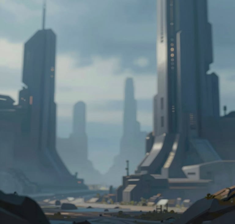 A wide-angle concept art landscape of a sci-fi environment featuring monolithic structures. The lighting is cold and atmospheric, using a palette of #3F516B and #A7BCCB. Professional digital painting style with sharp details.