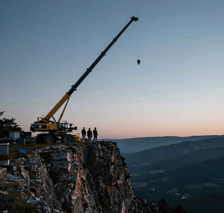 A wide, cinematic landscape of a rugged cliffside at dusk where a film crew is operating a large-scale camera crane. The sky shows a gradient of #1B263B into a softer #A0B0C0. The style is grand and professional, emphasizing visual excellence.