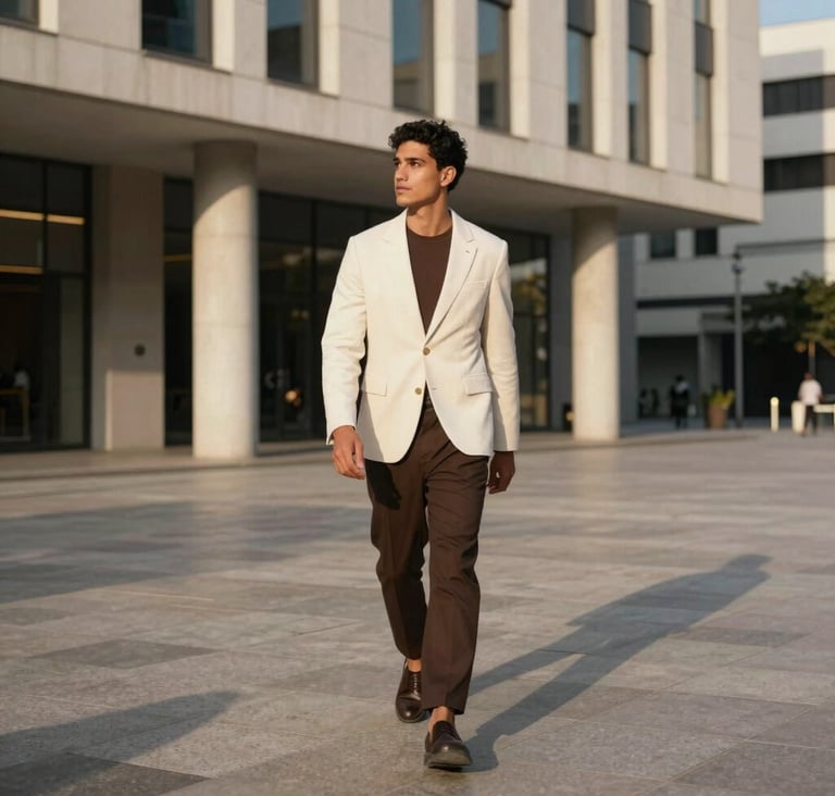 Full shot of a stylish person walking through a modern architectural plaza in a Latinoamericano / Hispano city, golden hour lighting creating long shadows, clean lines, wearing off-white and dark brown tones.