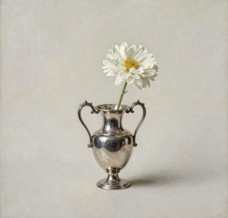 A full-view oil painting of an antique silver vessel and a single white flower in a glass vase. The composition is minimalist and elegant, set against a soft off-white background with subtle muted olive shadows.