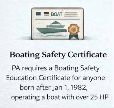 PA Boating Safety Education Certificate required for boat operators born after 1982.