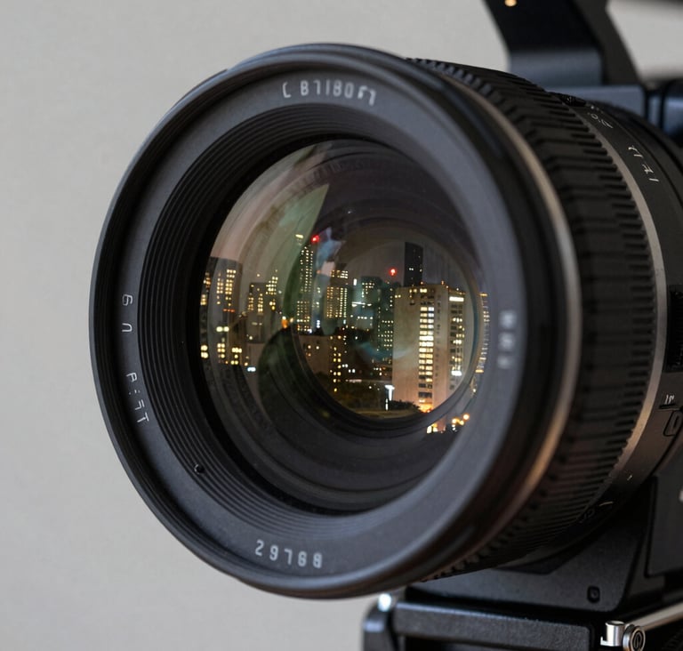 A close-up of a professional cinema camera lens reflecting a South American metropolitan skyline at night. Minimalist composition with sharp focus on the glass. Palette of dark gray, black, and silver.