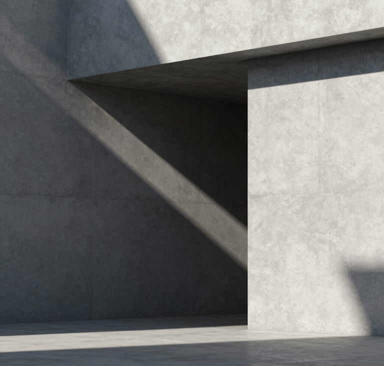 An artistic architectural photograph featuring sharp geometric shadows and clean lines. The palette uses deep #26211F for shadows and soft #F5F4F0 for highlights on concrete surfaces. A minimalist and timeless composition focusing on symmetry.