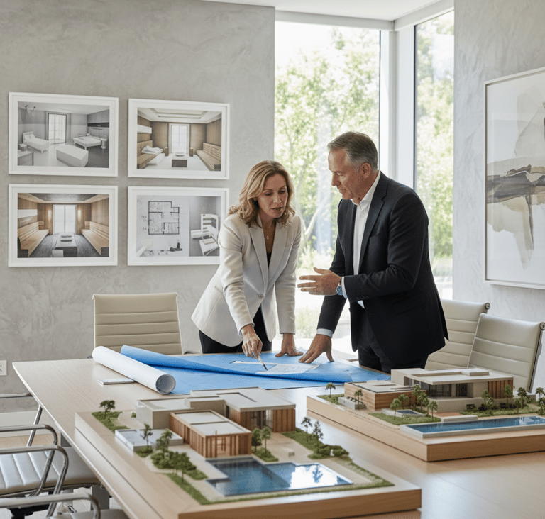 Professional spa consultant reviewing architectural blueprints with resort developer