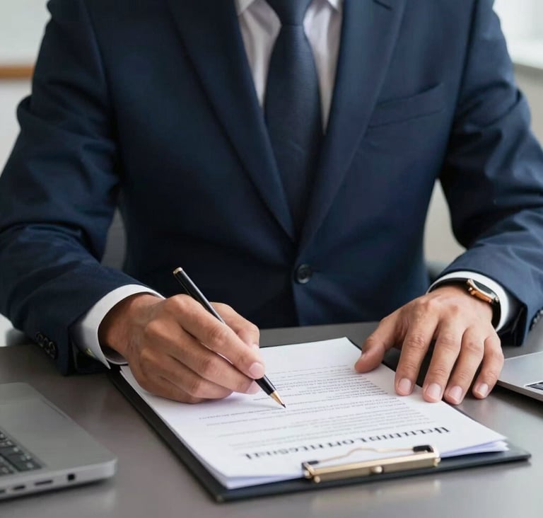A focused close-up of a professional in a South American / Brazilian corporate setting, dressed in a sharp dark navy blue suit, reviewing documents on a sleek desk. The mood is trustworthy and forward-thinking.