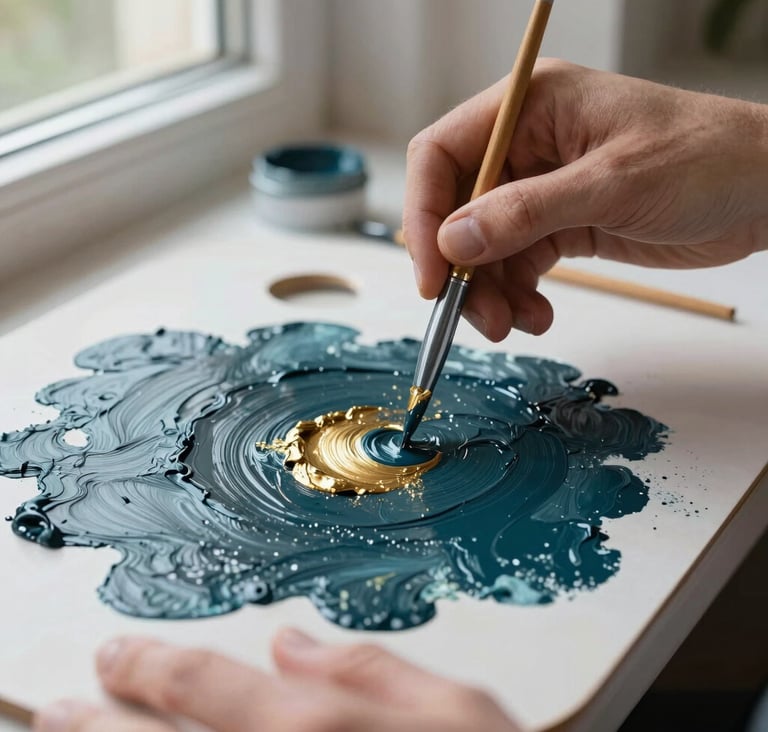 A close-up photograph of a contemporary Northern European / Welsh / British artist's hands mixing deep charcoal teal oil paint with metallic gold pigments on a clean palette, soft natural lighting from a nearby window.
