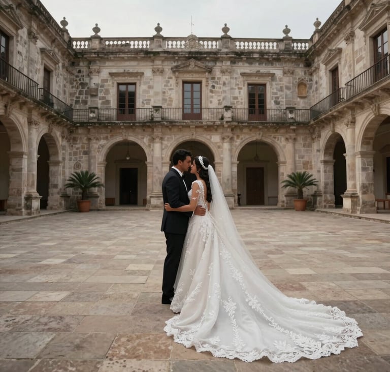 Wide shot of a Hispanic couple walking through a majestic stone courtyard of a colonial mansion, elegant wedding attire, long bridal train, cinematic lighting, sophisticated and romantic atmosphere.