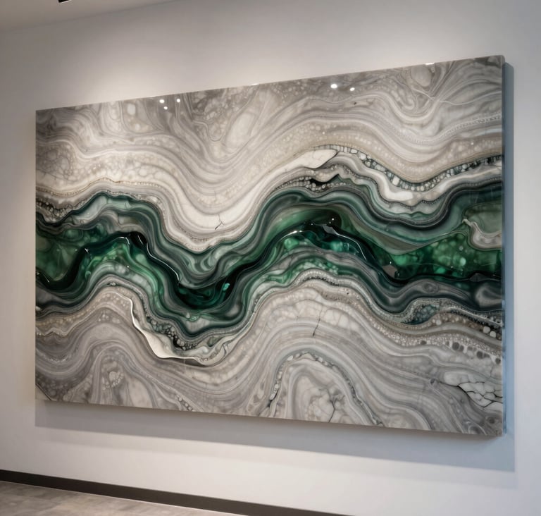 A vertical shot of a large resin wall art piece. Abstract waves of Sandstone Grey and Deep Forest Green create a marble-like effect. Displayed on a clean wall in a modern International / Global interior.