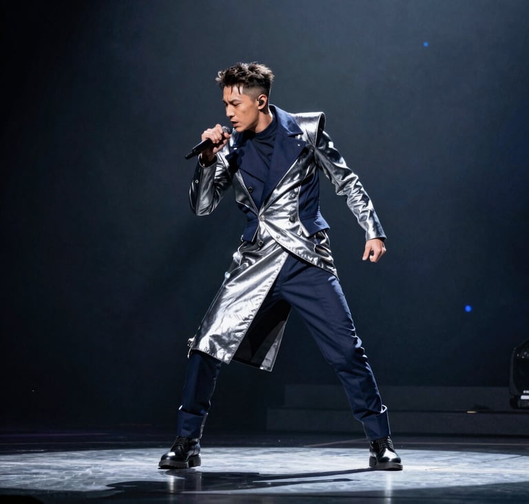 Full-length performance photography of a recording artist in a mid-vogue pose on a dark, reflective North American / US stage. The subject wears an avant-garde ensemble in shades of navy and metallic silver. Dramatic stage lighting in cool grey and navy blue tones emphasizes the dynamic movement and powerful posture.