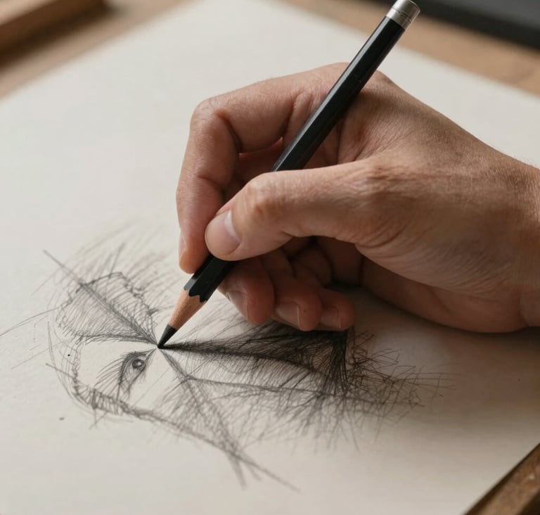 Artistic close-up photography of a hand holding a charcoal pencil over a textured paper sketch in a bright studio. The composition is focused on the movement of the hand. Palette colors: stone, charcoal, and tan. International / Western setting.