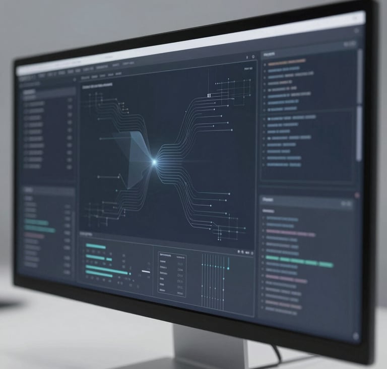 A wide-screen desktop view of a futuristic AI dashboard. The interface features translucent glass panels, complex data visualizations with thin lines in #7A8C9E, and a deep #0A1118 background theme. The composition is modern and professional.