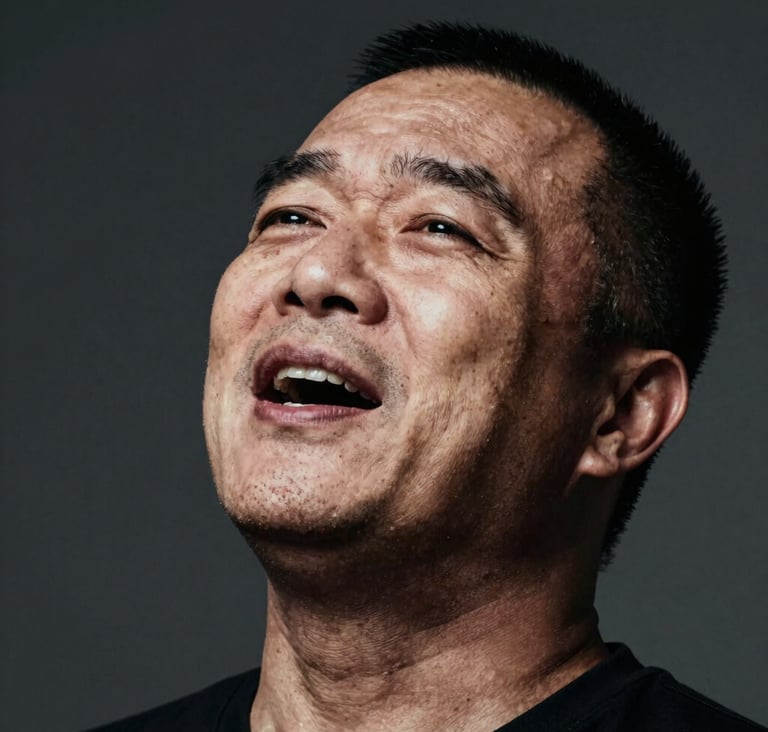 A high-contrast, artistic close-up of the tenor mid-performance, head tilted back slightly in a moment of vocal passion. Lighting is dramatic, highlighting facial features against a dark anthracite background. Subtle textures of sand and earth tones in the highlights.