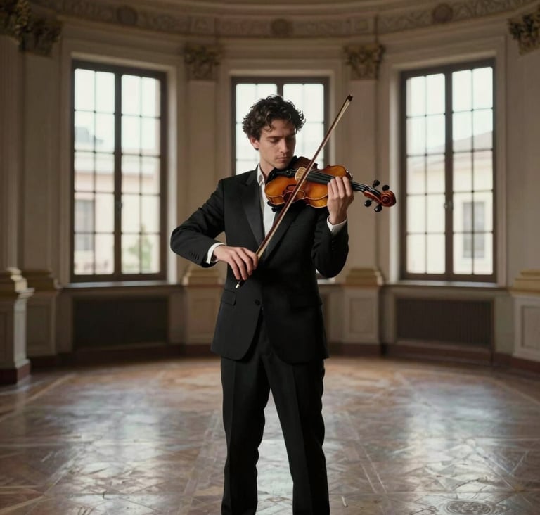 A professional and elegant portrait of a violinist in a dark suit standing in a historic, sun-drenched Spanish conservatory hall with tall windows. The mood is sober and artistic. Colors include dark ebony and warm taupe. Southern European / Spanish architectural context.