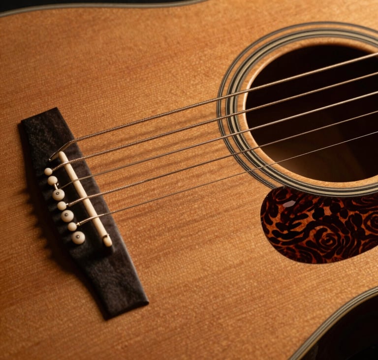 Close-up macro photography of acoustic guitar strings and the polished wood of the soundboard. The wood has a rich burnt sienna hue. The lighting is sophisticated and warm, highlighting the textures of the instrument's craft.