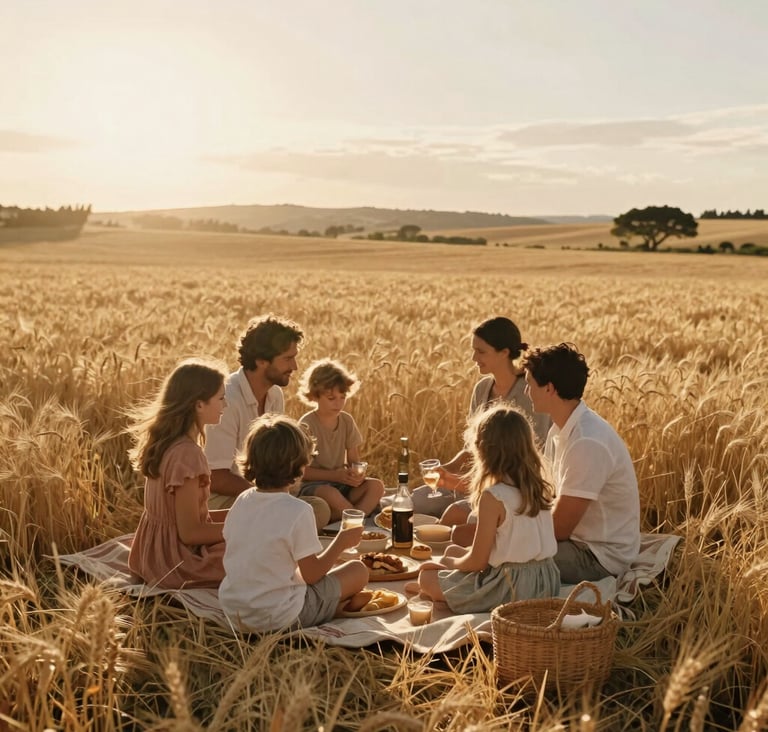 Candid wide shot of a family having a picnic in a golden wheat field in the Iberian countryside. Warm sun-kissed atmosphere, soft lens flare, cinematic composition with natural and elegant styling.