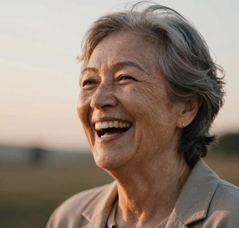 A sophisticated, close-up portrait of an elderly woman laughing, her face partially illuminated by the soft, warm glow of a setting sun. The background is a soft blur of #F5F0E1 and #6F604F. The mood is authentic and deeply emotional.