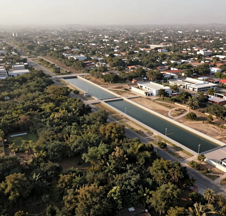 A wide aerial shot of a peri-urban landscape in Mexico featuring integrated water governance infrastructure. Muted olive green vegetation, warm beige soil, and clean architectural lines. Soft morning light, documentary style.