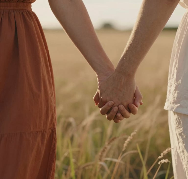 A cinematic, close-up photography of a couple's hands intertwined while walking through a field of tall grass in a North American / US rural setting. The scene is bathed in golden hour light with a palette of warm terracotta and soft sand.