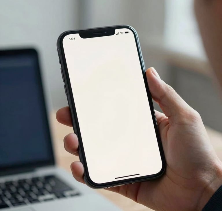A sleek, modern smartphone held by a professional in a North American business setting, displaying a minimalist fintech app interface with off-white and dark navy design elements.