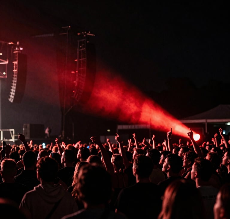 A high-contrast photograph of a large crowd at a North American music event. A single beam of vibrant red light cuts through the deep black darkness, illuminating the silhouettes and motion of the audience in a sleek, professional composition.
